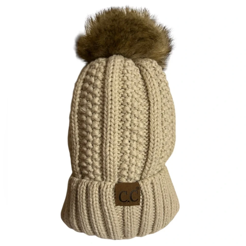 CC Sherpa Lined Knit Beanie with Faux Fur Pom